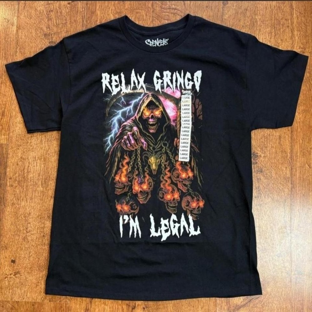 Spencer's black "Relax Gringo I'm Legal" with grim reaper design, NWOT